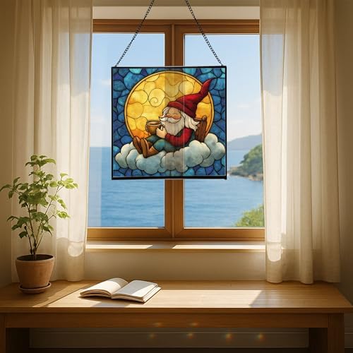 Cocoa by Moonlight Gnome Stained Glass Suncatcher – Square Hanging Window Panel for Home or Greenhouse – Whimsical Glass Art Gift for Garden Lovers, Christmas, Halloween, Father Days oK2gHR - Image 6