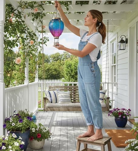 Regal Art & Gift Hot Air Balloon Solar Lantern – Hanging Solar-Powered LED Lights, Waterproof Portable Decorative Outdoor Lamp Made of Metal & Glass for Garden, Patios & Pathway – Blue (Small) - Image 2