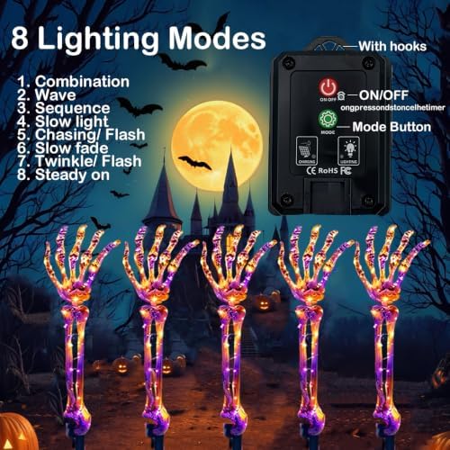 Solar Halloween Pathway Lights Outdoor - 5Pack Lighted Skeleton Arm for Outdoor Walkway Yard Garden Decorations, 250 LEDs Purple and Orange Halloween Solar Pathway Stake Lights Decor, 8 Modes - Image 3