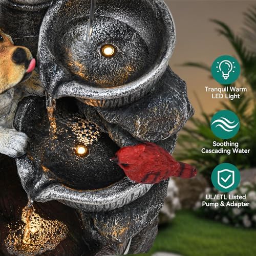 30" Puppy & Red Bird Outdoor Fountain, 3-Tier Pastoral Water Feature with LED Lights, Resin Two Bowls & Wooden Barrel Soothing Cascading Waterfall for Patio, Backyard, Garden - Image 5