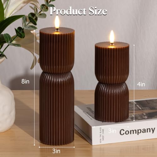 Brown Flameless Candles with Remote Timer, Fall Pillar Candles 3x4 & 3x8 In - Image 3