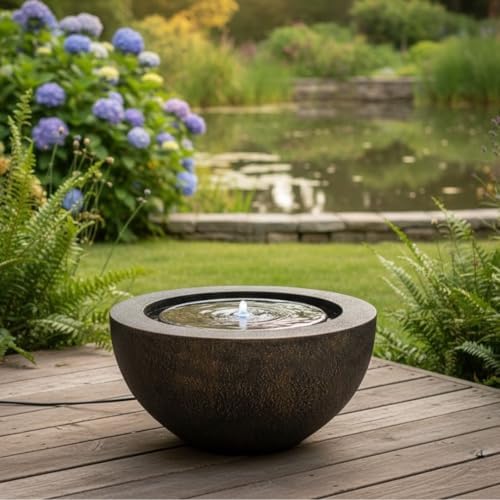 XBrand 20" Round Sphere Water Fountain with LED Light – Indoor Outdoor Polyresin Bubbling Water Feature, Decorative Bird Bath Fountain for Patio, Garden, Yard, Deck & Home Décor, Bronze - Image 4