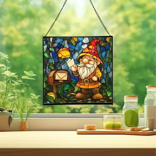 Gnome Mail Delivery Stained Glass Suncatcher – Square Hanging Window Panel for Home or Greenhouse – Whimsical Glass Art Gift for Garden Lovers, Christmas, Halloween, Father Days wzepyO - Image 2