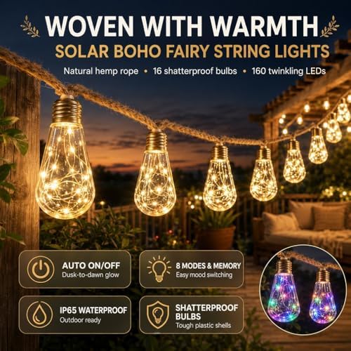 Boho Fairy String Lights Outdoor Backyard Solar String Lights LED for Garden Patio Porch Decor USB Waterproof Shatterproof Bulbs 8 Modes Edison Night Lamp Party Gift(33ft 40Lights,Warm Normal) - Image 2