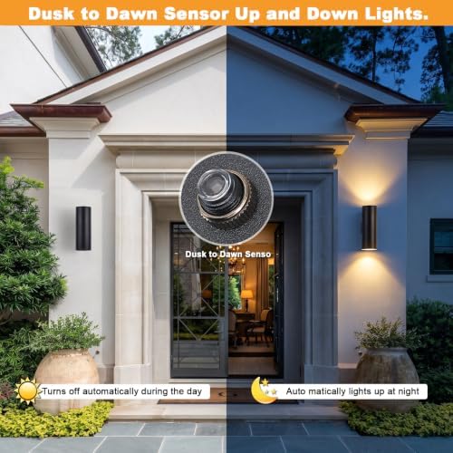 DAKAFUL Dusk to Dawn Outdoor Lighting Sensor Wall Lights 2-Pack, Modern Cylinder Up Down Lights Fits Standard E26 Bulbs, IP65 Waterproof Exterior Wall Sconce for Porch Patio etc. - Image 2