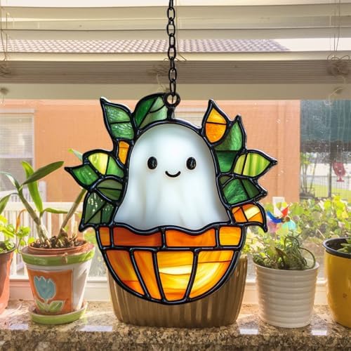 Cute Ghost in Monstera Plant Pot Acrylic Suncatcher - Image 4