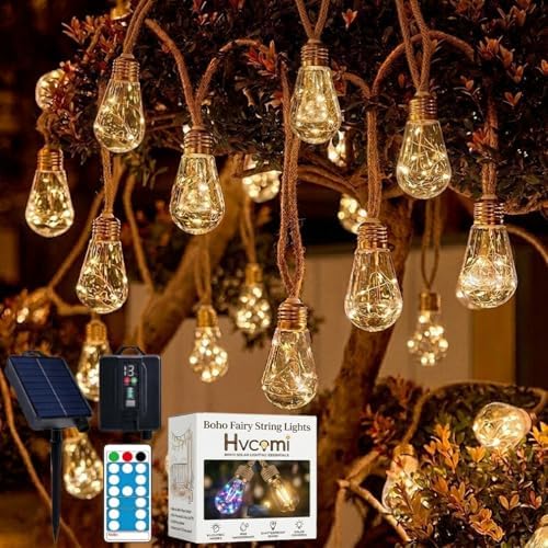 Boho Fairy String Lights Outdoor Backyard Solar String Lights LED for Garden Patio Porch Decor USB Waterproof Shatterproof Bulbs 8 Modes Edison Night Lamp Party Gift(17ft 20Lights,Warm Remote) by Hvcemi
