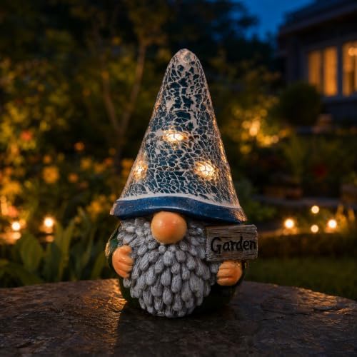 Solar Garden Gnome Statue with Crystal Mosaic LED Hat, Outdoor Decor by Unknown