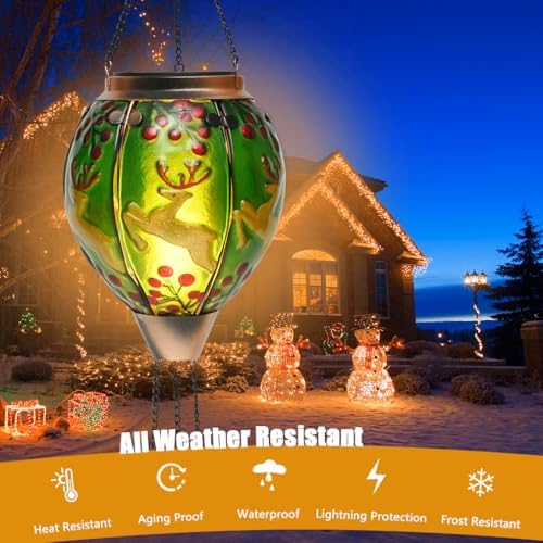 Solar Powered Hot Air Balloon Lantern - Reindeer Glass Lantern, Simulated Flickering & Dancing Flame, Outdoor Hanging Yard Light Waterproof IP65 for Patio Lawn Porch Christmas Decor Gift - Image 4