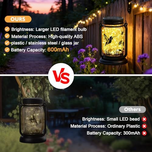 2 Pack Hummingbird Solar Lantern Outdoor Garden Decor,Birthday Gifts for Women Mom Grandma, Waterproof Hanging Vintage Glass Mason Jar Outside for Yard,Patio, Backyard,Porch,Tree, Pathway - Image 4