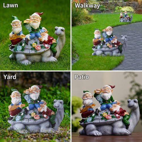 Upgraded Size Solar Garden Outdoor Statues Gnome Turtle Three Gnomes Having Party on Turtle with 7 LED Lawn Decor Outside Decorations for Patio, Balcony, Yard Ornament Unique Garden Gift - Image 5
