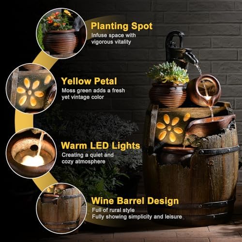 Water Fountain Outdoor 29" H Outside Floor 3 Tiered Rustic Barrel with Light, Pump for Garden, Patio, Deck, Porch, Backyard Home Decor - Image 3