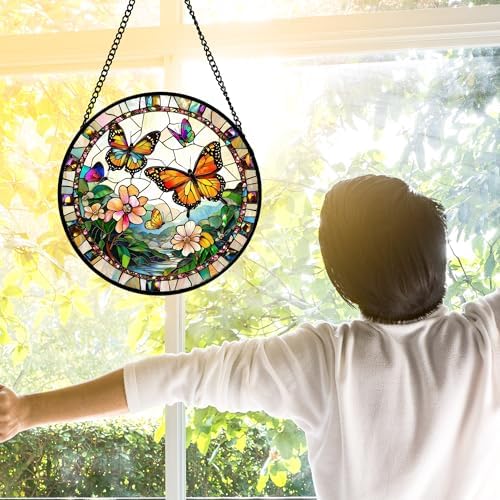 Butterflies and Flowers Stained Glass Window Hanging Suncatcher Gifts 12" - Image 4