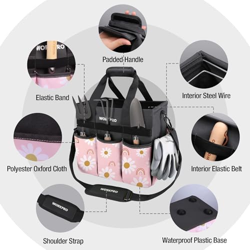 WORKPRO Garden Tool Bag, 10 Pockets and Shoulder Strap, Floral Pink - Image 3