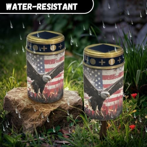 Poceacles Solar Lights Outdoor Waterproof Cemetery Candles Solar Powered Grave Outdoor Decorative Walkway Lights for Lawn Garden Pathway Decor, Eagle American Flag Patriotic Print, Pack of 4 - Image 6