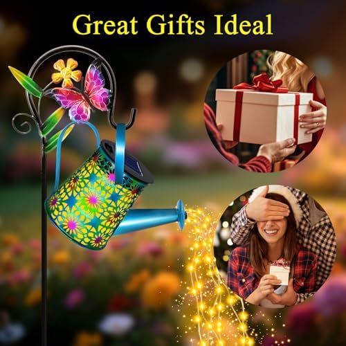 Solar Lights Outdoor Decorative, 2 Pack Blue Metal Watering Can with Lights - Image 4