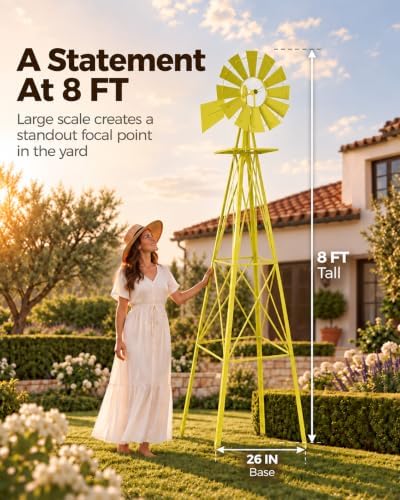 8FT Windmill for Yard Garden Decoration with Weather Vanes，Heavy Duty Outdoor Wind Mills, Large Metal Outdoor Windmill,Weather Resistant,Yellow - Image 3