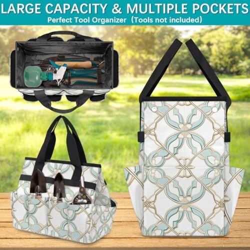 Flower Texture Garden Tool Bag Tote for Men Women Multiple Pockets Wide Mouth Heavy Duty Waterproof Tool Organizer Bag for Outdoor Lawn Yard Portable Gardening Storage With Elasticbands - Image 3