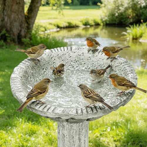 Concrete Bird Bath for Outdoor Garden, 16.5" Fluted Pedestal Birdbath, Fiber-Reinforced Stoneware Column Style Garden Decor, 25 lb Vintage Yard Statue, Light Gray - Image 2