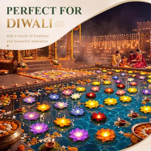 Liliful 48 Pcs Diwali Floating Lotus Lights, 3.94 Inch, 8 Colors - Image 6