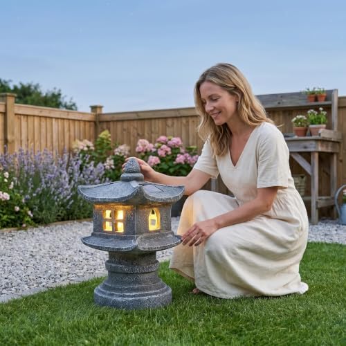 Pagoda Garden Statue, 9.6inch Resin Zen Garden Lanterns with Solar Light, Waterproof Japanese Pagoda Landscape Decorative Suclpture for Yard Patio - Image 7