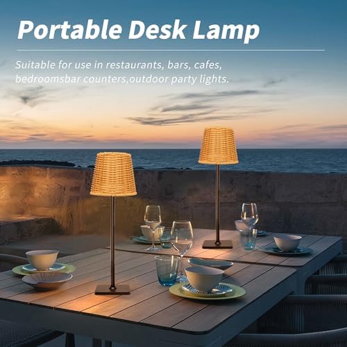 Mr.White Set of 2 Waterproof Outdoor Rechargeable Cordless Table Lamp with Wicker Shade, for Patio Restaurant Kitchen (Black) - Image 6