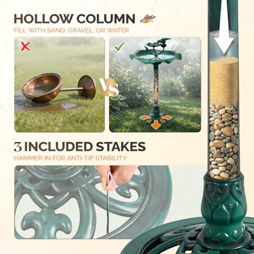 VINGLI Pedestal Bird Bath, Resin Birdbaths Weather Resistant, Bird Baths with Floral Accents & Vintage Finish, Garden Decor for Outdoor, Patio, Yard, Lawn (Green Floral) - Image 5