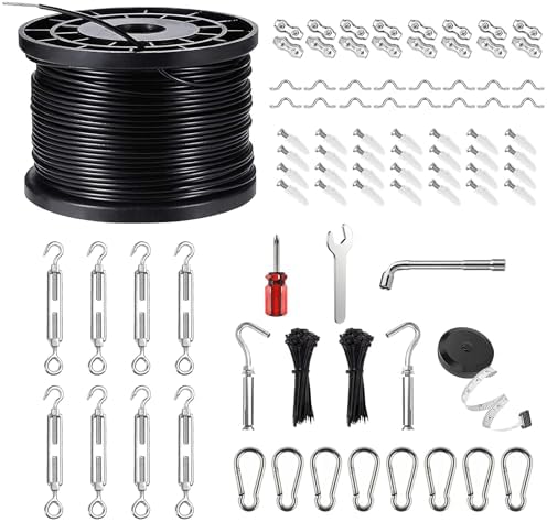 String Light Hanging Kits, 450FT Coated Stainless Steel 304 Wire Rope, Outdoor Black Guy Wire kit w/Expansion Hook, Enough Accessories, Humanized Collocation by UGarden