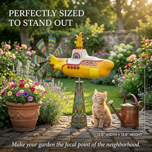 2D Nautical Yellow Submarine Wind Spinner for Yard, Sturdy Metal Kinetic Garden Sculpture, 12.6" Rotating Lawn Ornament for Outdoor Patio Decor and Balcony - Image 2