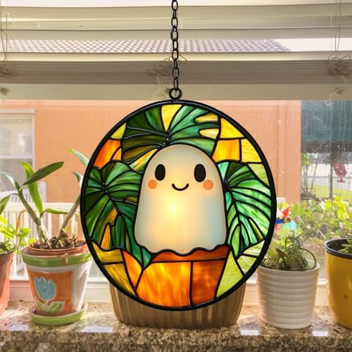 Cute Ghost and Monstera Acrylic Suncatcher - Image 4