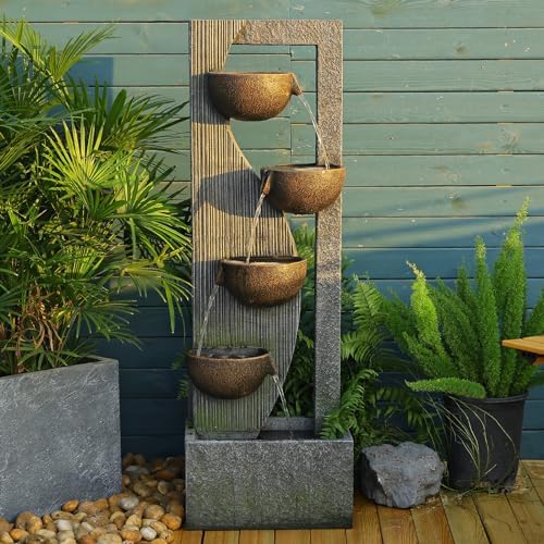 Sunlinua Garden Water Fountains Outdoor 5 Tiered Cascading Bowl Modern Waterfall Fountain with LED Lights, Natural Stones for Garden, Living Room, Patio, Yard Art Decor, 16.3" L * 10.8" W * 49.2" H by Sunlinua