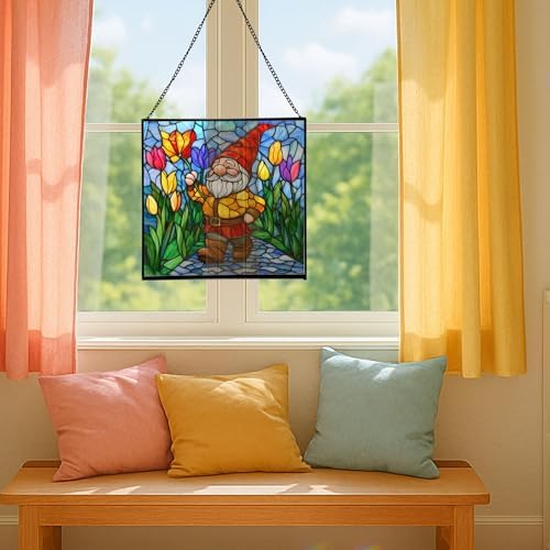 Gnome with Tulip Parade Stained Glass Suncatcher – Square Hanging Window Panel for Home or Greenhouse – Whimsical Glass Art Gift for Garden Lovers, Christmas, Halloween, Father Days ScCBi1 - Image 5