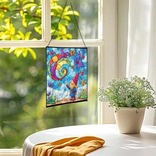 Gnome with Butterfly Friends Stained Glass Suncatcher – Square Hanging Window Panel for Home or Greenhouse – Whimsical Glass Art Gift for Garden Lovers, Christmas, Halloween, Father Days QXO4Ef - Image 3