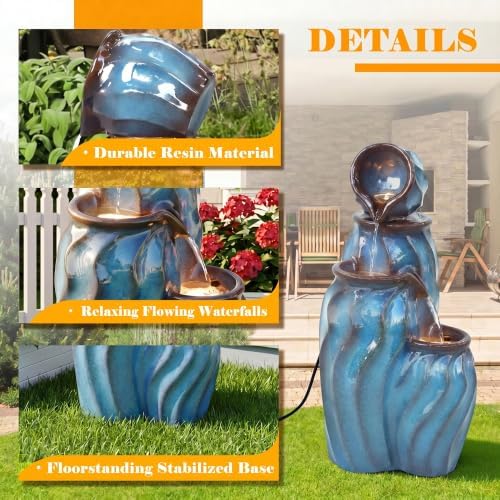 Faux Ceramic Outdoor Water Fountain with LED Lights, 3-Tier Cascading Water Feature, 30" Turquoise Wave-Texture Garden Fountain with Waterfalls for Garden, Patio, Deck, Porch - Image 5