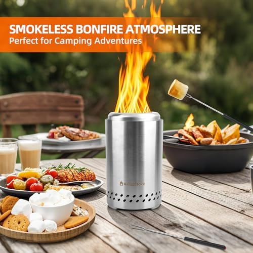 Spinning Flame Tabletop Fire Pit by AmazStove, Low Smoke Stove Outdoor Safe Burning Firepits, Fueled Pellets or Wood, Travel Bag&mat&Forks Included, 10 x 6 Silver - Image 2
