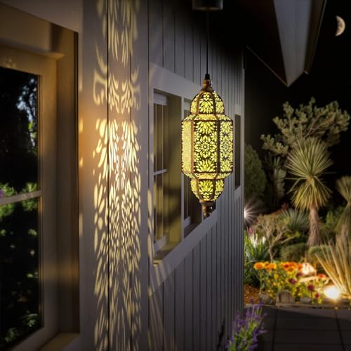 Twinkya 2 Pack Hanging Solar Lights Outdoor Garden Decorative Solar Lantern Waterproof Metal Moroccan Outdoor Decorations for Patio Pathway Yard Porch Backyard Garden Decor (Gold, 2 Pack) - Image 6