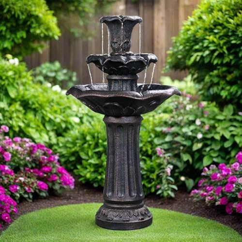 Teamson Home Lily Flower Floor Pedestal 3 Tiered Floor Waterfall Fountain with Pump for Outdoor Patio Garden Backyard Decking, 38 Inch Height, Dark Gray - Image 3