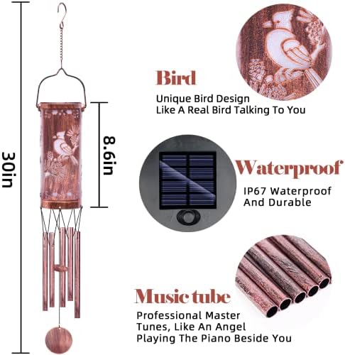 FSVGYY Solar Red Bird Wind Chime 30 Inch Metal Outdoor Hanging Light - Image 4