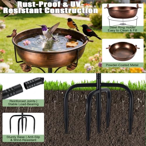 Bird Bath for Outside, 27.6" H Standing Bird Feeder Bowl with 11.8" Wide Basin, 1-Tier Metal & Copper Garden Bird Bath and Feeder for Yard Patio Backyard Lawn Flower Bed Outdoor Garden Decor - Image 3