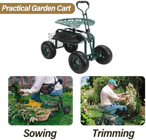 BDL Garden Cart Outdoor Rolling Garden Workseat with Wheels, Heavy Duty Garden Tool Cart with Extendable Handle and Storage for Seniors Yard Gardening Work - Image 6