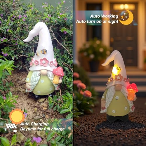 Qukueoy Garden Gnomes Statues Outdoor Decor, Outside Solar Garden Decorations for Yard, Funny Gnome Gifts (Pink Girl) - Image 6