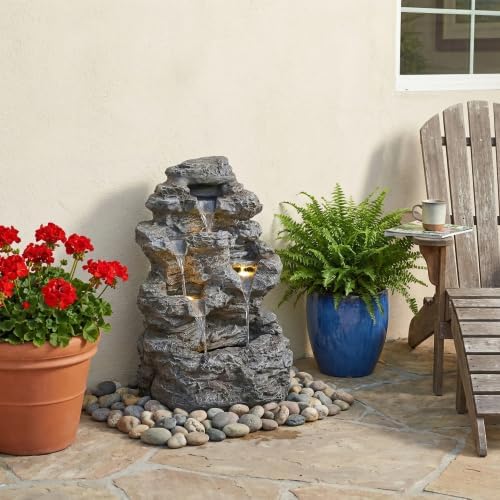 Water Fountain Outdoor, Outdoor 5-Tiered Rock Garden Fountains Waterfalls, All-Weather Resistant Water Fountain with Light, Garden Decor for Lawn, Backyard, Gray - Image 3