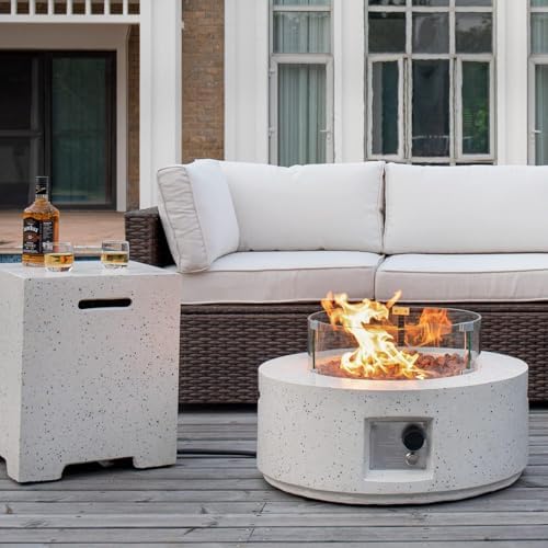 COSIEST 2-Piece Outdoor Propane Fire Pit Table Set w Tank Table, 28" Terrazzo Round Fire Table (Certified, 40,000 BTU) w 16" Tank Cover Side Table 20lb, Wind Guard, Rain Cover for Garden, Pool - Image 2