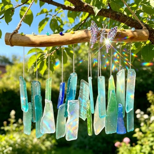 Handcrafted Driftwood Sea Glass Butterfly Wind Chime, Sea Glass Sun Catcher - Image 2