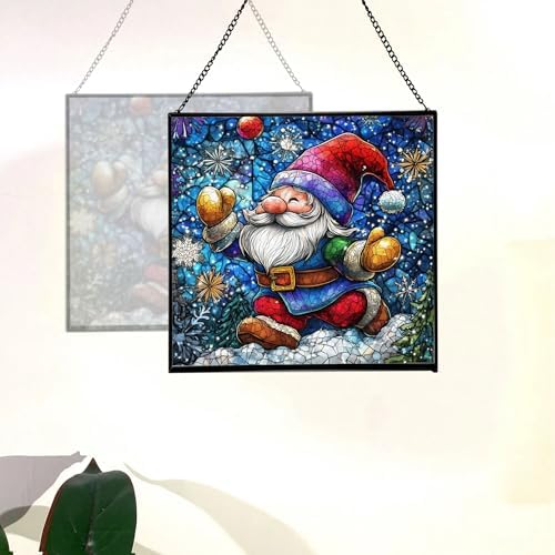 Snowball Gnome Joy Stained Glass Suncatcher – Square Hanging Window Panel for Home or Greenhouse – Whimsical Glass Art Gift for Garden Lovers, Christmas, Halloween, Father Days ukEpWQ - Image 4