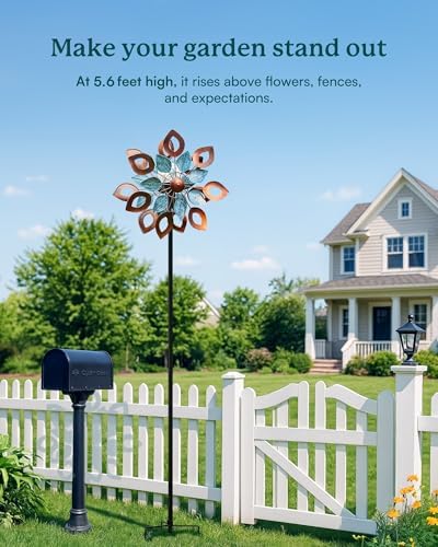 Copper Wind Spinners Outdoor 74 Inches with Solar LED Light, Kinetic Dual Wind Sculptures & Spinners for Yard Lawn Garden Decor, Large Metal Clearance Windmill with Bronze Leaf - Image 2