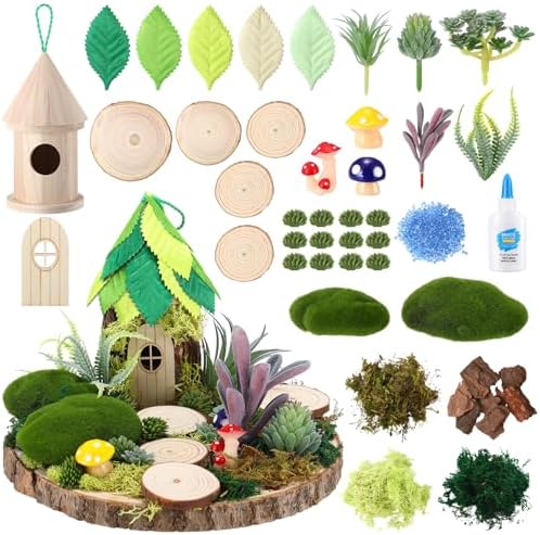 Amyhill DIY Fairy Garden Kit Make Your Own Wooden Mini House Craft Kit Miniature Fairy Garden Accessories Micro Mushrooms Plants Ornaments Craft for Outdoor Indoor Mini House Decor by Amyhill