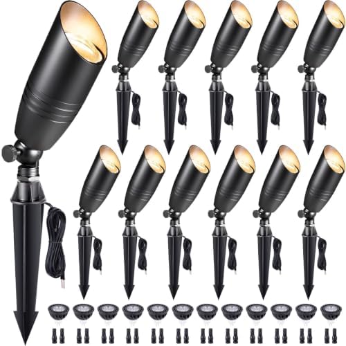 Gardenreet Die-Cast Brass Spot Light Outdoor - 12V LED Uplighting Waterproof, Low Voltage Landscape Lights Direct Wire, Black for Fence Fountain with Warm White MR16 Replaceable Bulbs (12 Pack) by Gardenreet