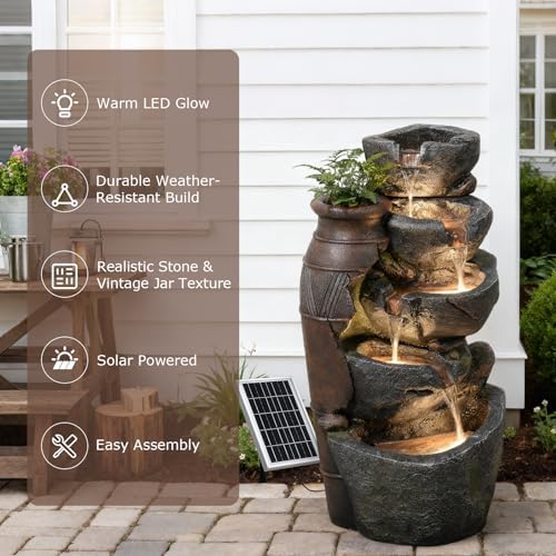 31.7" Tall Rock Solar Water Fountain Outdoor Waterfall - Image 6