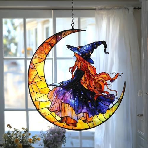 Witch on Crescent Moon Mosaic Acrylic Suncatcher by AVAGAN